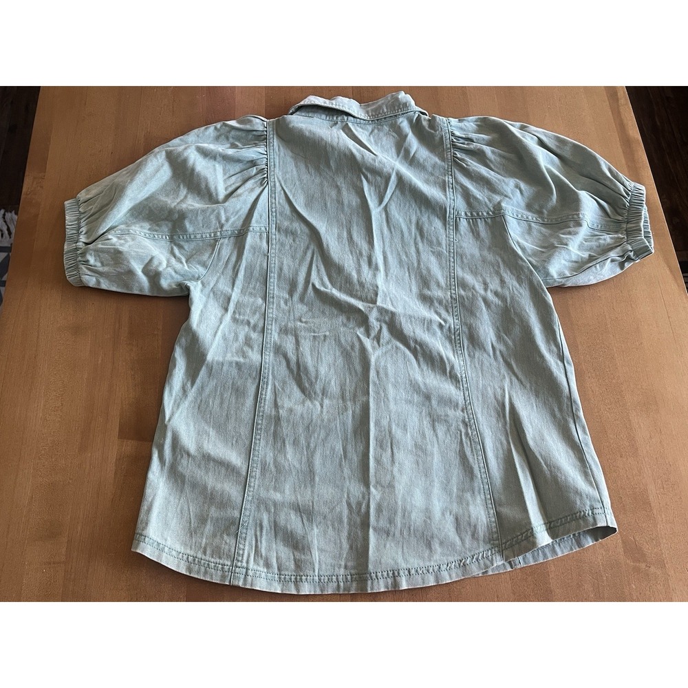 Entro Womens S Green Denim Blouse Puff Sleeve Snap Front 100% Cotton Cottagecore - Picture 10 of 11